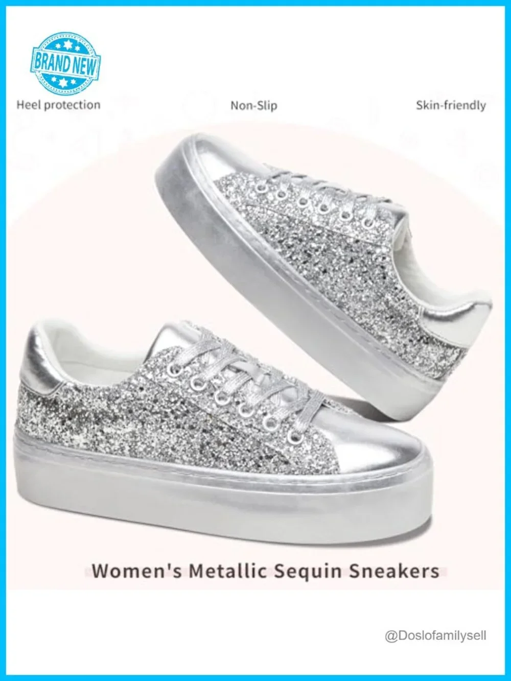 Glitter Platform Sneakers Lace-Up Chunky Low-Top Tennis Shoes
